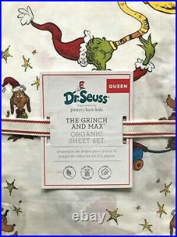 Pottery Barn Teen Kids QUEEN Organic Cotton Sheet Set Dr Seuss GRINCH Christmas