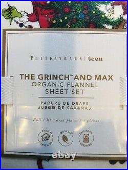 Pottery Barn The Grinch Cotton Flannel Full Sheet Set Christmas Teen Kids