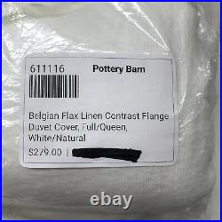 Pottery Barn White Belgian Flax Linen Contrast Flange Duvet Cover, Full/Queen