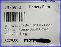 Pottery Barn White/Ebony Belgian Flax Linen Contrast Flange Duvet Cover, K/Cal K