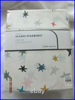 Pottery barn scandi starburst sheet set queen nip bright stars on white back