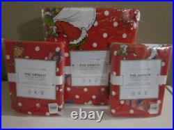 S/3 Pottery Barn Teen Grinch Red Festive Flannel Queen Sheet Set and 2 Shams NWT
